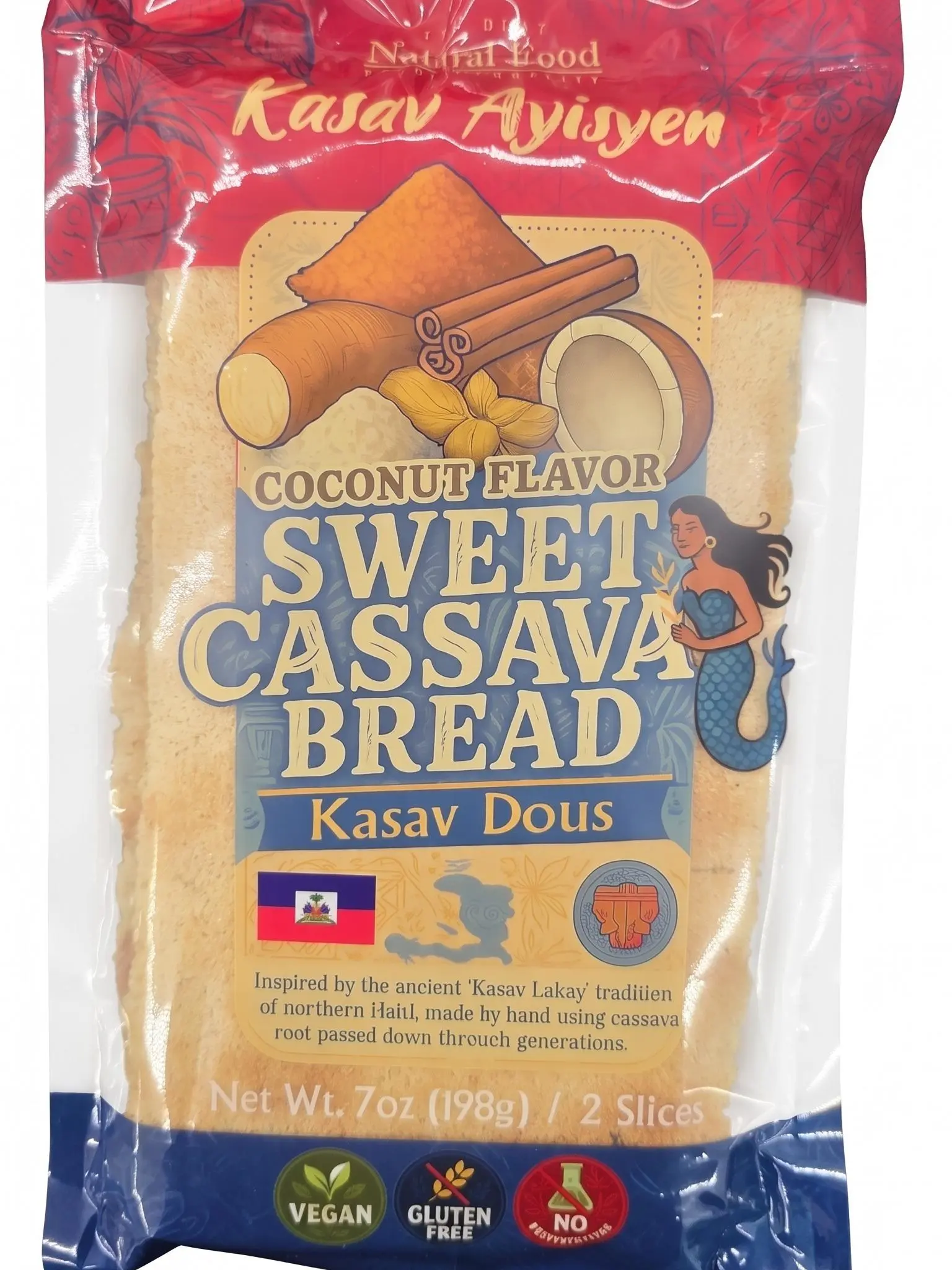 Certified Organic Haitian Kasav Pam Flatbread - Coconut-Hinted Cassava (Yucca/Manioc) Bread with Salt, Milk, Sweet Ginger Root, Baked in Bag, Authentic Haitian Cuisine Food