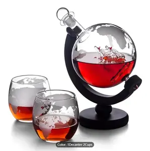 1 Set, Wine Glass Set, Whiskey Decanter Globe Set With 2 Etched Wine Glass & Oval Solid Wood Tray Vodka Decanter, Excellent Party Bar Drinkware Man Gift, Wine Set