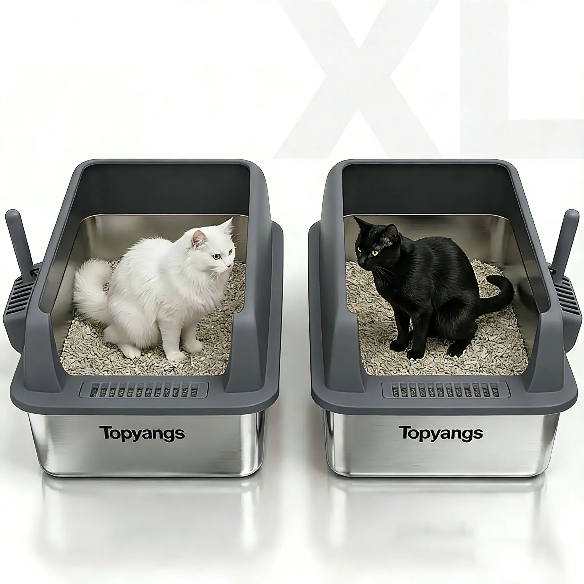 Topyangs XL Stainless Steel Litter Box features high sides for easy cleaning and effectively prevents litter from spilling. Ideal for multi-cat households,