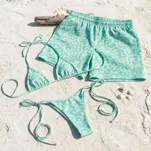 Mint Teal Leopard Matching Couple Swimsuits Set – BF & GF Camo Bikini for Women & Duck Camo Swimwear for Men – Trendy Couples Beach Vacation Outfit – Summer Gift Idea