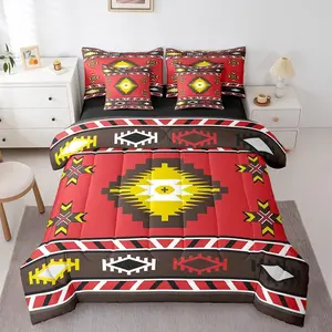 Feelyou 7-Piece Southwestern Geometric Comforter Set - Bed in a Bag with Native Aztec Tribal Ethnic Oriental Pattern Sheets, Breathable Cloth, Bohemian Look, Multi-Size, Red Brown for Women