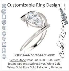 Cubic Zirconia Engagement Ring- The Lacy Michelle (Customizable Bezel-set Pear Cut Solitaire with Thin, Twisting-Bypass Asymmetrical Band)