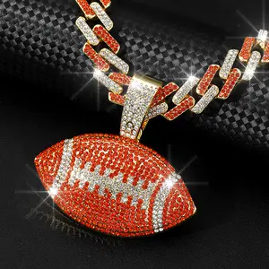 TEMU Fashion Colorful Rugby Ball Pendant Necklace Men's Rhinestone Cuban Chain Hip Hop Jewelry for Stylish Looks