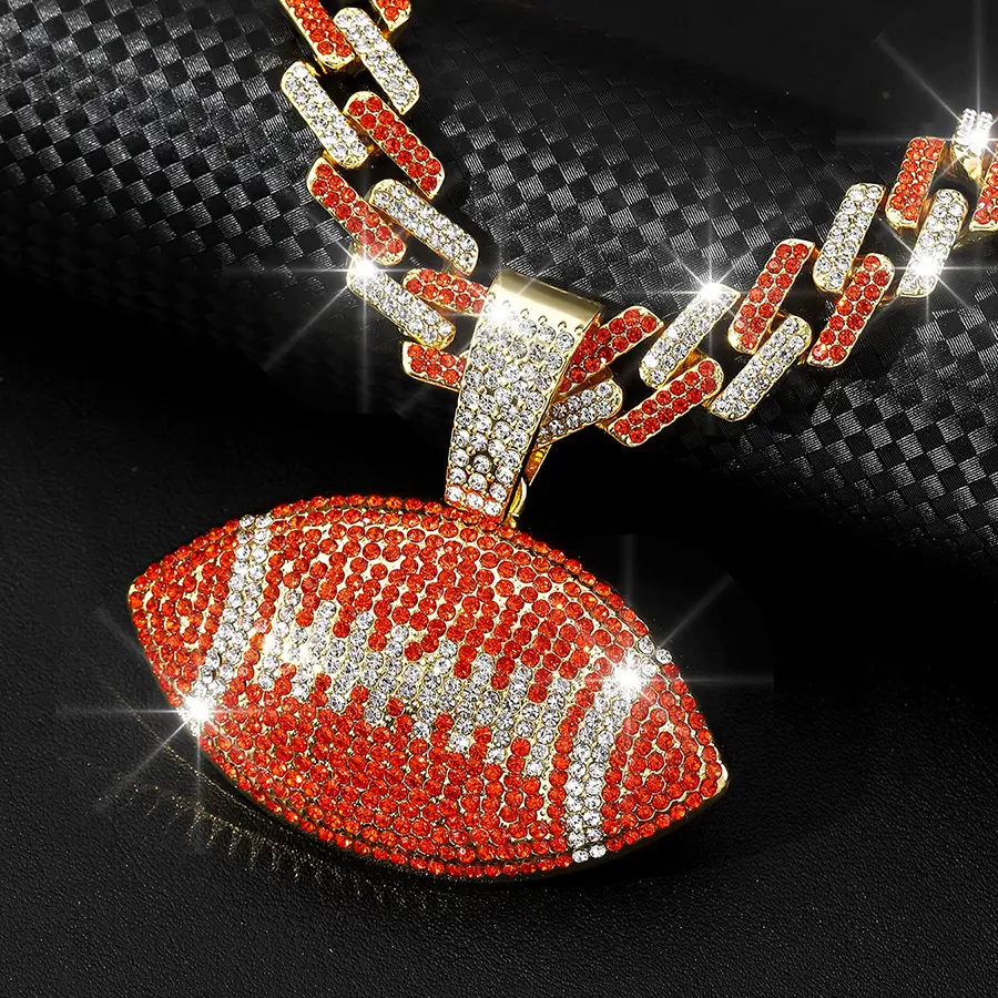 Men's Cuban Link Necklace with Colorful Rugby Ball Pendant, Rhinestone-Adorned TEMU Fashion Hip Hop Jewelry for Stylish Looks