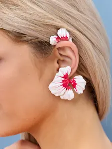 Grushenka Pink Resin Flower Ear Cuff for Women Lightweight Oversized Floral Statement Jewelry for Casual Wear and Special Events