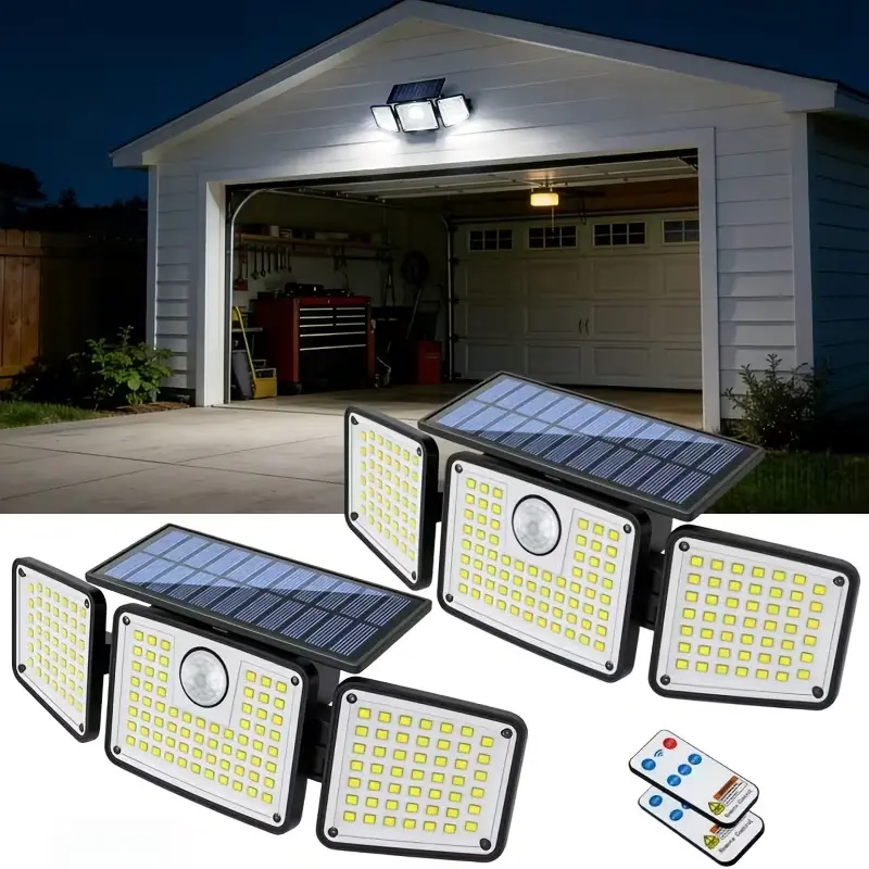 Solar-Powered Outdoor Motion Sensor Security Light with 164 LEDs, 3-Head 270° Wide Angle, IP65 Waterproof, Remote Control, for Automotive & Motorcycle, Courtyards, Garages