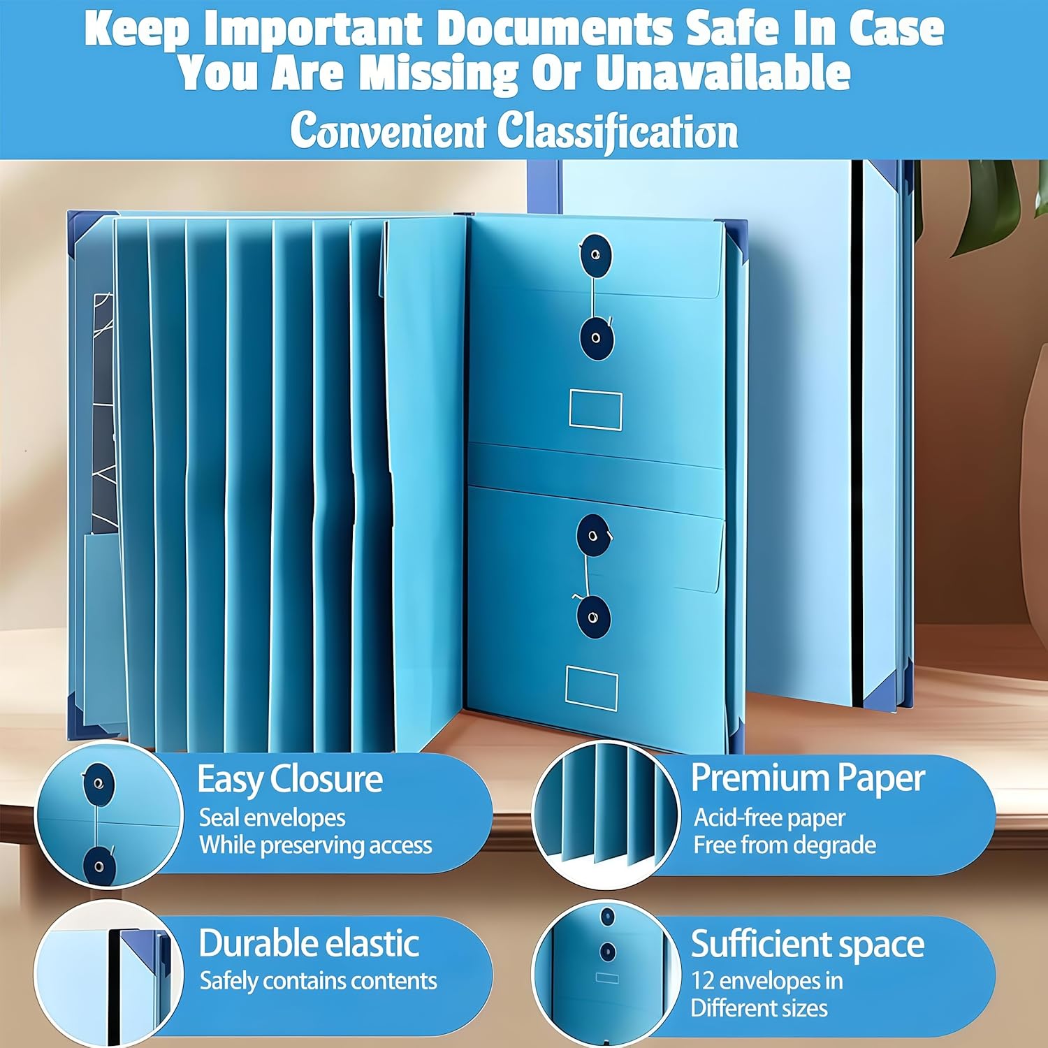 Accordion File Organizer Manila Pocket Document Folder for Passports, Birth Certificates & Important Papers, Office & Home Storage