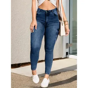 Women's High-Waist Skinny Jeans with Zipper Hem and Multi Pockets - Stretch Denim, Casual Streetwear