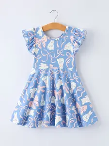 Easter Bunny Bow Pastel Girls Ruffle Hem Dress