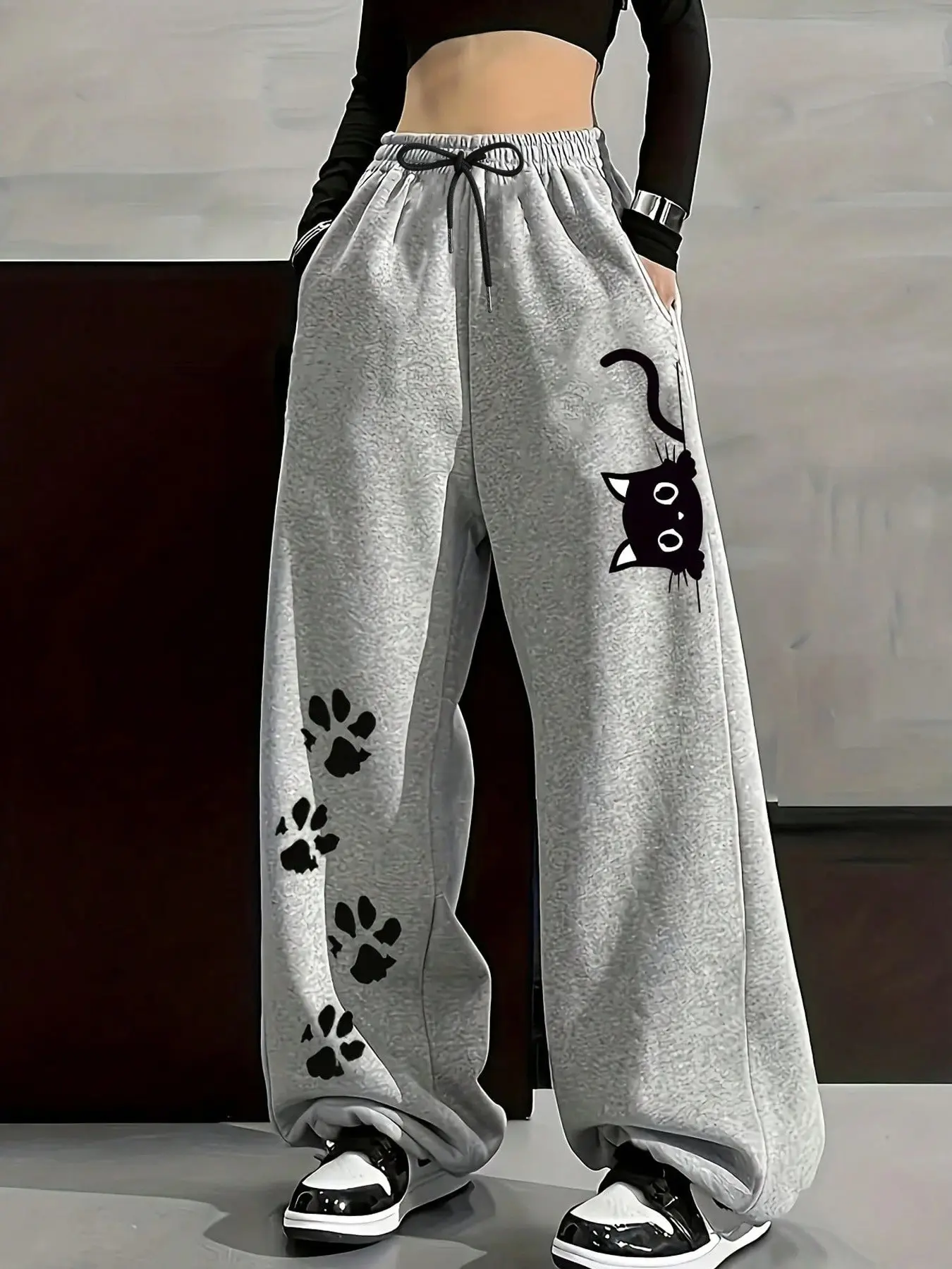 Cool Cat Print Sporty Jogging Pants for Women, Street Style Loose Fit Joggers, Breathable Comfort, All Seasons Wear, Trendy Casual