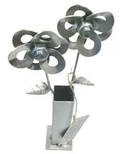 Two Metal Flowers and Vase, Steel Flowers and Vase, Welded Art Sculpture, Steampunk Flowers.