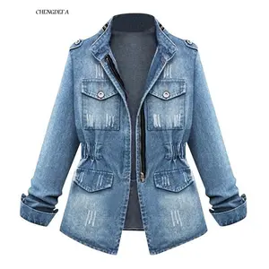 CHENGDEFA Denim Jacket Womens Casual Solid Casual Oversize Autumn Ladies Slim Jeans Chain Jacket Pocket Coat 2025 Plus Size Womenswear Tops Can be used with a raincoat