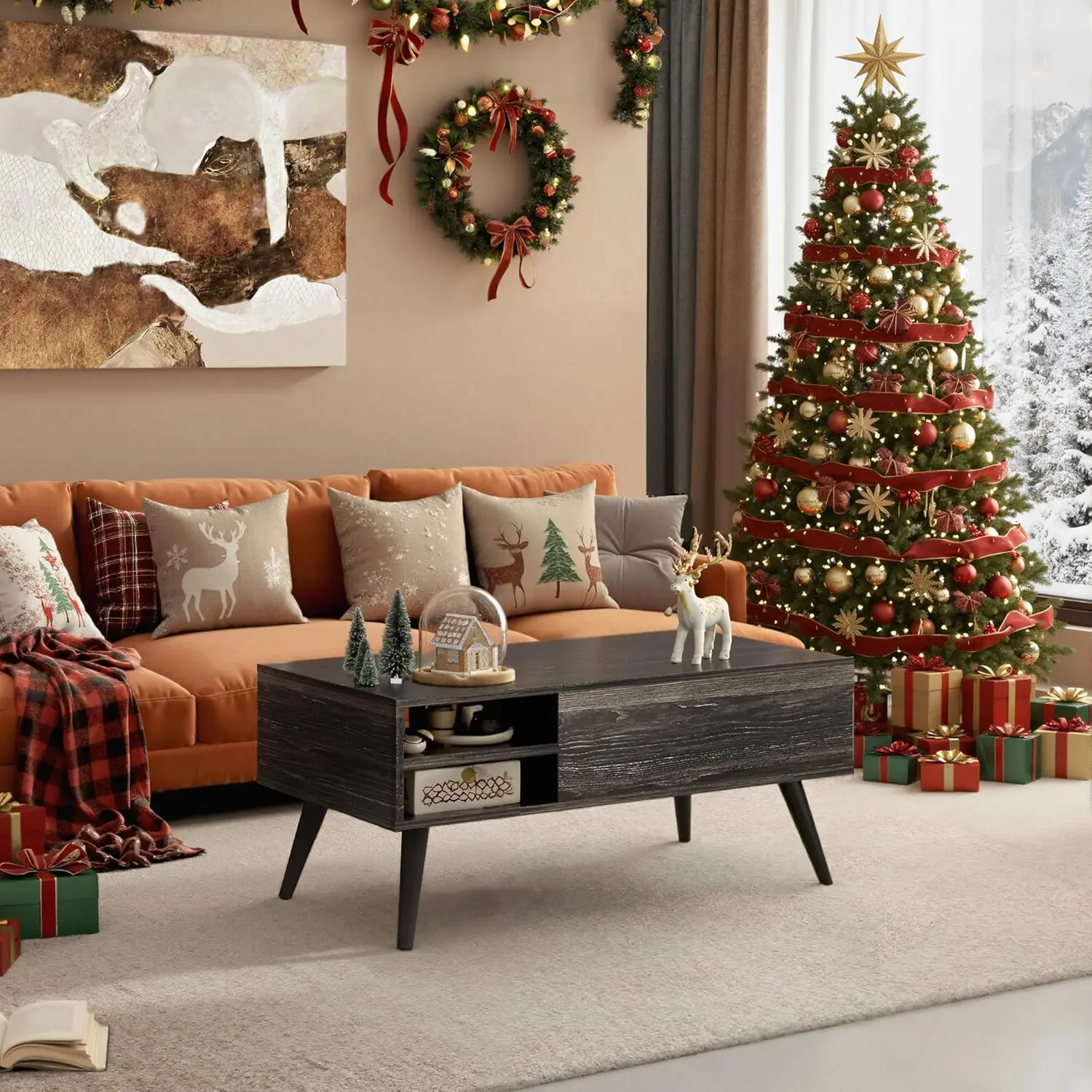 WLIVE Mid-Century Modern Extendable Coffee Table - Small-Scale Indoor Living Room Furniture with Lift Top, Adjustable Removable Shelf, Adjustable Height, Wood Grain Design, Noiseless Effortless Operation, Storage Compartment