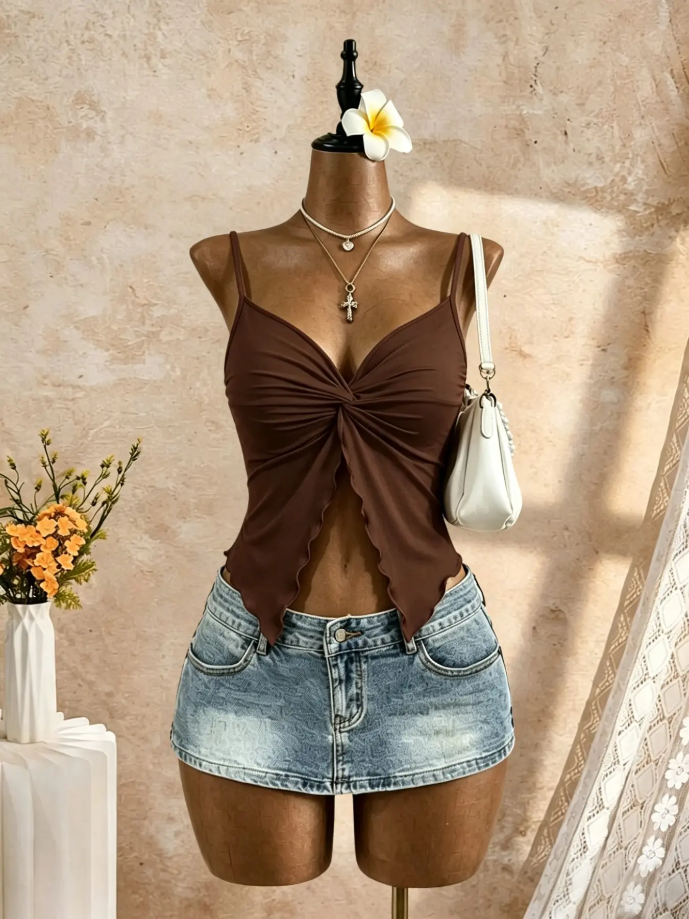 Women's Ruched V-Neck Spaghetti Strap Halter Short Top, Slim Fit Knot Design Hem Split Dress, Sleeveless Lace Trim Outerwear, Casual Plain Style