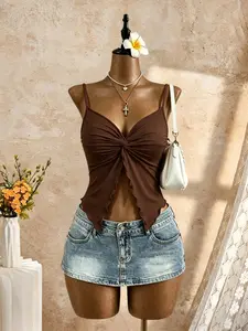 Women's Sexy Knot Halter Top, Pleated V-Neck Sleeveless Short Top, Split Hem, Fitted Millennium Party Dress, Casual Style
