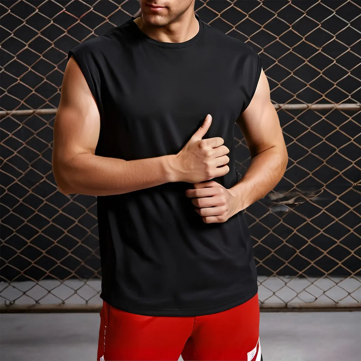 Men’s quick-dry sleeveless fitness tank top made from breathable fabric, suitable for casual running and workouts; regular fit, minimalist design—sports tank top.