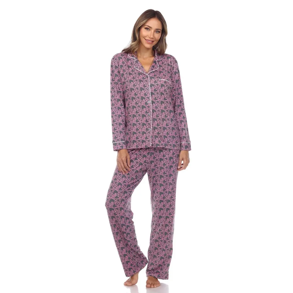 212 MAIN Women's Longsleeves Heart Print Matching Pajama Set - Gray, Medium, Cute, Loungewear Nightwear Top and Pants