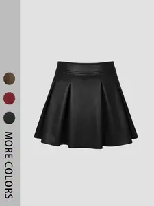 Women's PU Leather Pleated Mini Skirt, Casual A-Line Skirt, Sexy Plain Design, Fitted Style, All Seasons Wear, 1 Piece