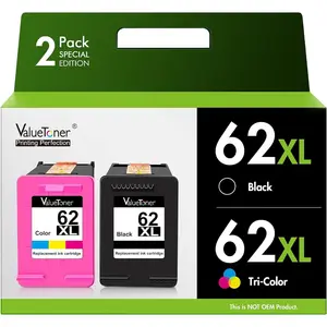 Remanufactured Ink Cartridge Replacement For HP Ink 62 62XL, Works With HP Envy 5540 5640 5660 7644, OfficeJet 5740 5741 8040, OfficeJet 200 250 Series Printers (2-Pack, 1 Black 1 Tri-Color)