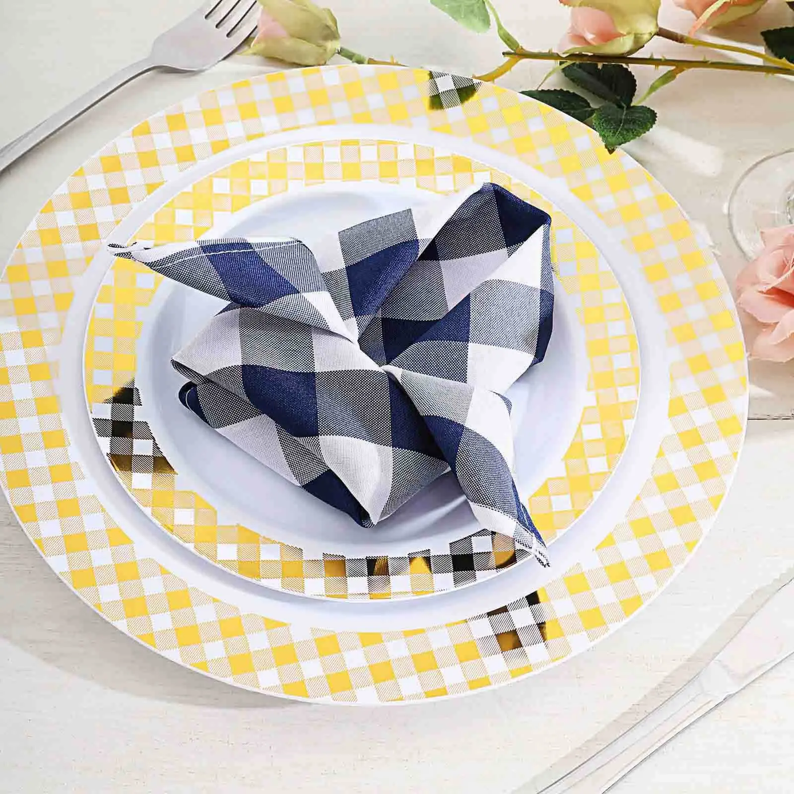 5-Pack High-Quality Navy Napkins, Navy Buffalo Plaid Gingham Disposable Polyester Napkins - 15"x15", Bleach-Safe, Ideal for Home Birthday Parties, Resorts, Cruise Lines Tableware
