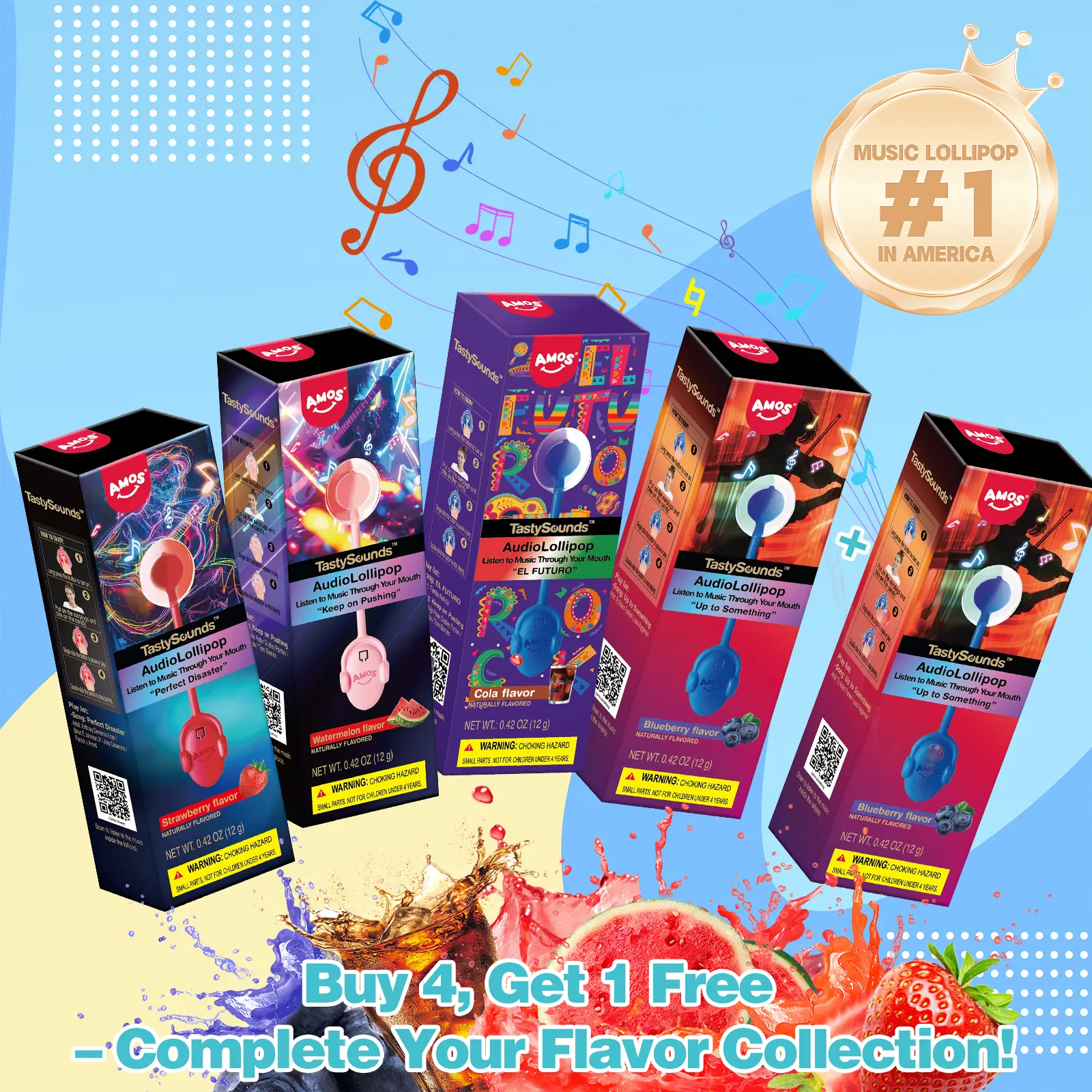 Amos TastySounds AudioLollipop music lollipop Perfect Party Favor Gift for Halloween viral candy(Strawberry, Blueberry, Cola, Cherry)Buy 4, Get 1 Fre