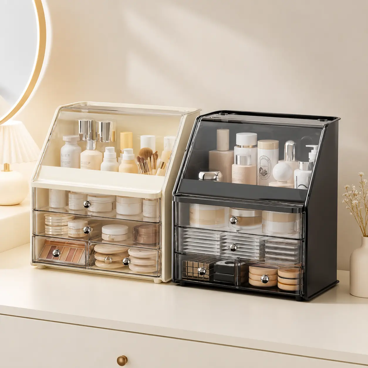 Flip Top Plastic Cosmetic Organizer - Rectangular Dustproof Home Storage Box with Dustproof Cover, Flip-Open Access, Compartments, Pullable Drawers, Large-Space Desktop Storage for Vanity Organization