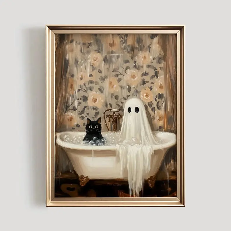 Ghost & Cat in Bathtub Print | Halloween  Wall Art | Halloween Bathroom Decor
