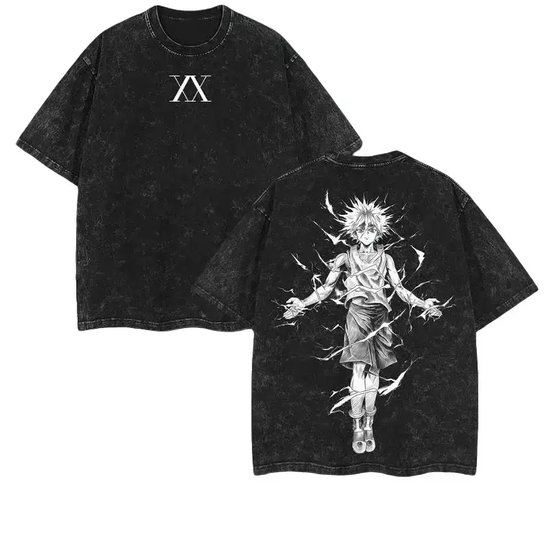[HM 100%cotton]valentine shirts Retro Heavy Limited "Killua Zoldyck" Hunter x Hunter Anime Vintage Washed Tee Unisex Oversized Anime Manga Acid Washed Heavyweight Soft Cotton T-Shirt , Gift For Anime Lover Clothing Menswear invincible shirt streetwear