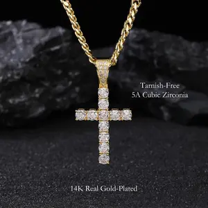 Chrysmos 14k gold plated Cuban with Christian cross, 24" long, 5mm wide, hand polished and multi-plated, 5A cubic zirconia