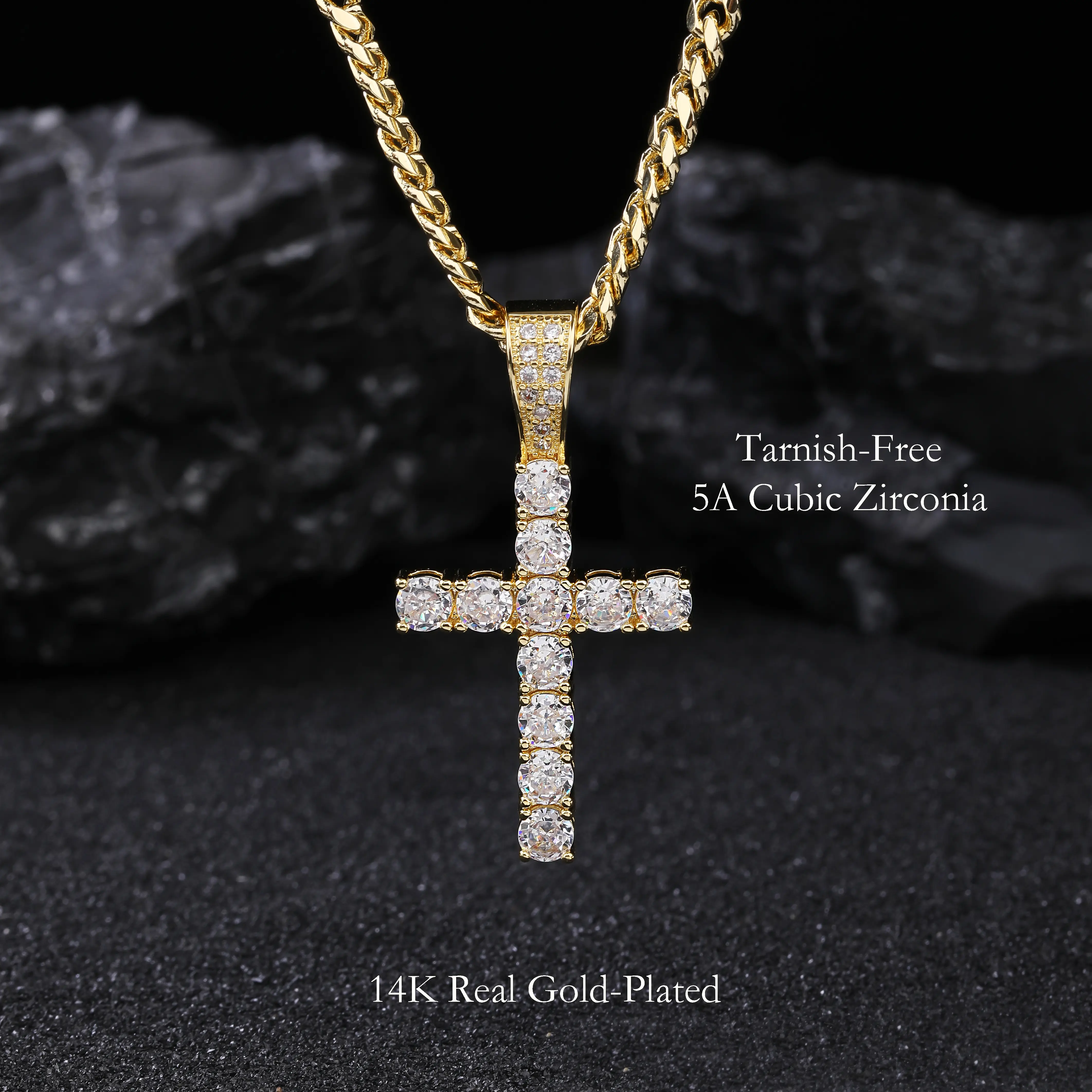 Chrysmos 14k gold plated Cuban with Christian cross, 24" long, 5mm wide, hand polished and multi-plated, 5A cubic zirconia
