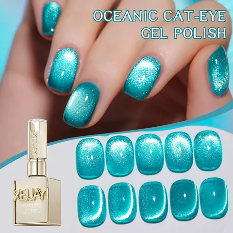 XEIJAYI 1PC 15ML 【TPO&HEMA Free】 M170 Sea Cat Eye Glitter Gel Nail Polish, Magnetic Cat Eye Gel with Shimmer and Glossy Light Reflection, Soak-Off UV LED Gel for DIY Manicure, Nail Art Design, Nail Decoration, Home and Salon Use