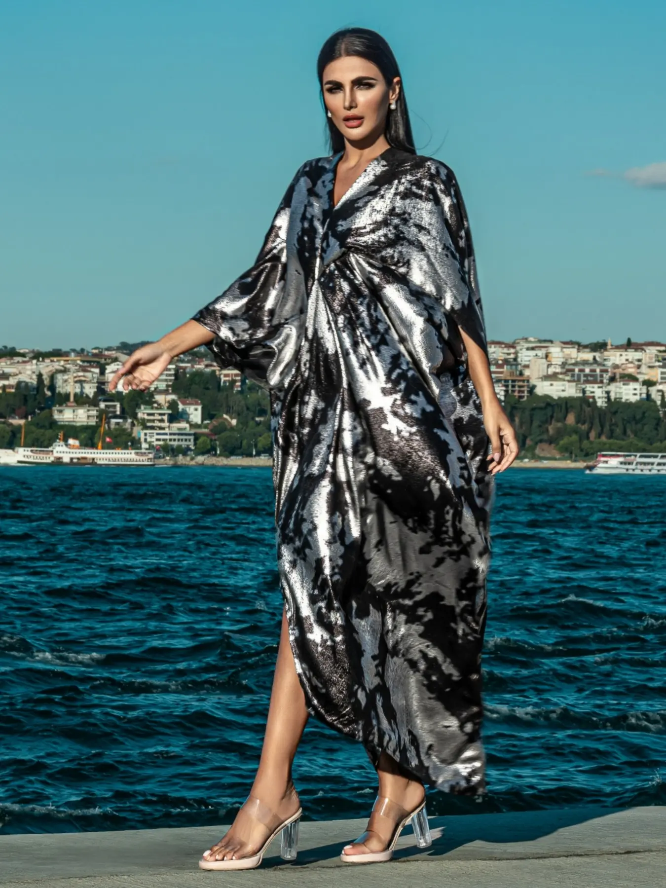 5095 Silver Gradient Islamic Abaya, Metallic Fabric, Loose Fit Design, Fashionable Long Robe Dress for Women