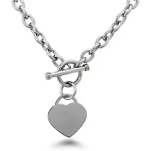 High Polished Stainless Steel Heart Charm Cable Chain Necklace with Toggle Clasp Silver Length 16"- 25"