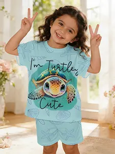 Turtle Baby Super Cute Baby Girl Set Digital Printing 100% Polyester Baby Short-sleeve Set, lovely baby girl casual clothing, suitable for daily and outdoor sports T-shirts, a perfect gift for babies and toddlers, Baby Girl Clothes