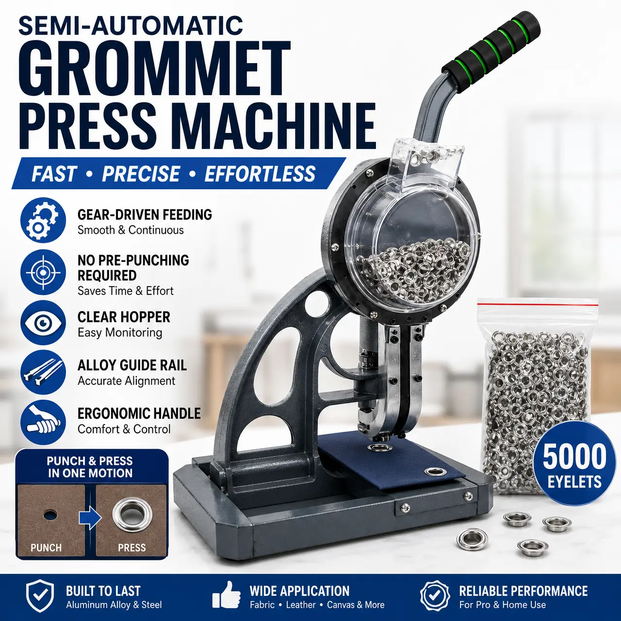 Semi-Auto Grommet Press Tool with 5000pc Capacity - Aluminum Alloy Body, Ergonomic Handle, Precision Rail - Ideal for Tarpaulin, Leather Projects