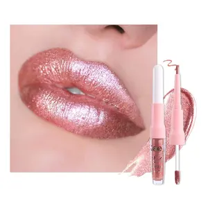 Rose Gold Metallic Lip Liner and Lipstick Combo Lip Gloss Tints Stain Set Makeup for Women Long Lasting, Light Pink Metallic Glitter Shimmer Iridescent Liquid Lipstick lippies Lip Gloss