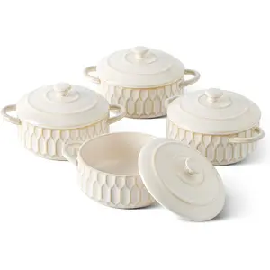 Mini Cocotte Set-14 OZ Small Casserole Dishes with Lids and Handles, Individual Ceramic Baking Ramekins for Lasagna, Soufflé, Soup,Oven, Microwave & Dishwasher Safe,set of 4, Beige