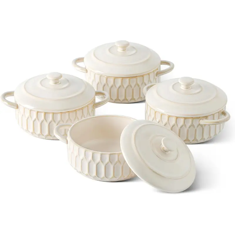 Beige Ceramic 4-Piece Mini Cocotte Bakeware Set - 14oz Small Lidded Casserole Dishes with Handles, Heat Retention, Individual Ramekins for Small Batch & Solo Meals, Oven/Microwave/Dishwasher Safe Baking Tools