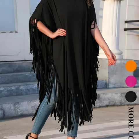 Plus Size Women's Fringe Hoodie Tee, Baggy Loose Fit Casual Chic Streetwear Suitable for Various Body Types, Ideal for Daily & Beach Vacations