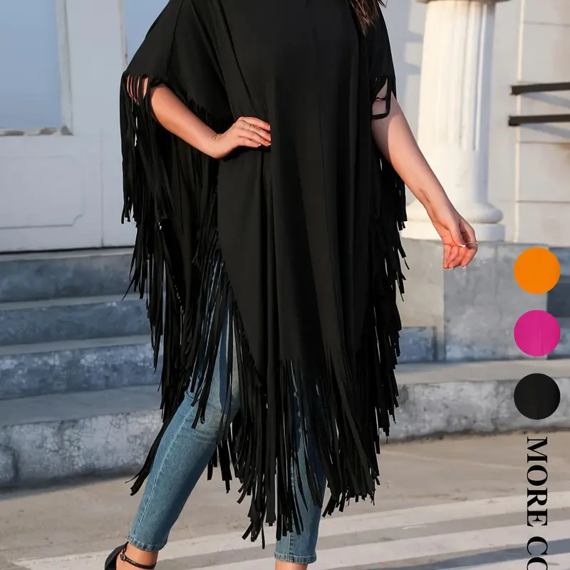 Plus Size Women's Fringe Hoodie Tee, Baggy Loose Fit Casual Chic Streetwear Suitable for Various Body Types, Ideal for Daily & Beach Vacations