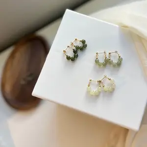 Hetian Jade Beaded Hood Earring, Natural Nephrite Earrings 14K Gold Filled