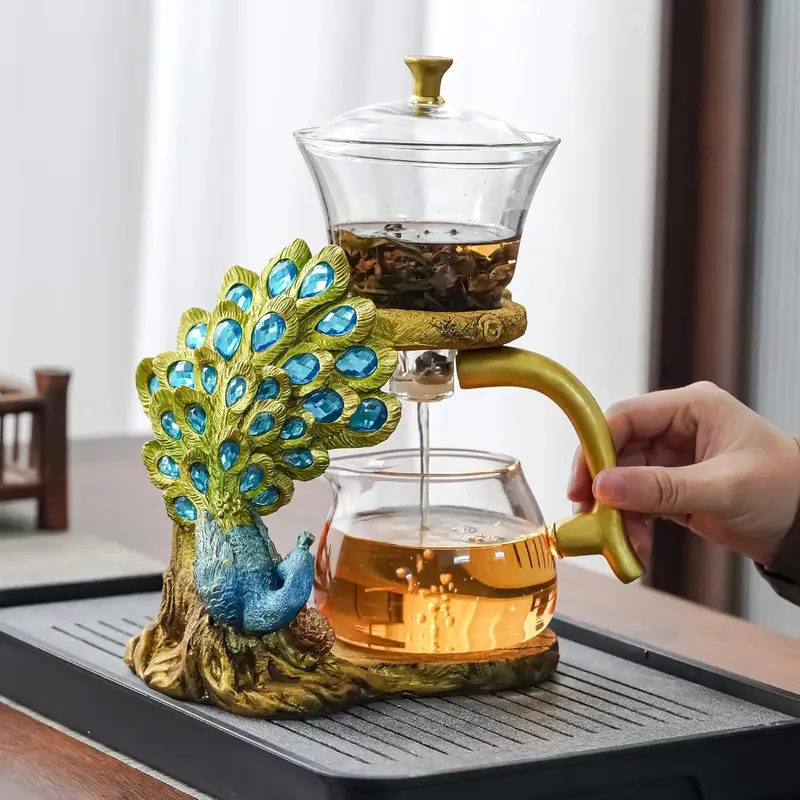 Peacock Design Semi-Automatic Glass Teapot Set with Separable Frame, Teacups, Stainless Steel Effective Filter Infuser - Fruit Tea Compatible, Loose Leaf Use, Tea Bag-Friendly, Ideal for Office, Home Use, Birthday/Festival Gifting