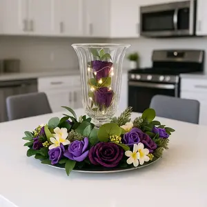 My Butterfly Effects Custom-Made Centerpiece with Purple Fuchsia Roses Hunter Green Greenery Crystal 18 Inch Vase LED Lights Royal Elegant