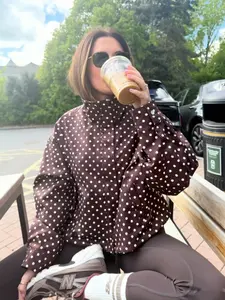 Polka Dot Cropped Jacket For Women Long Sleeve Loose-Fitting Outdoor Female Casual Zip Up Coats Women's Bomber Jacket Oversized Ladies Jacket Spring New In Outerwears Streetwear