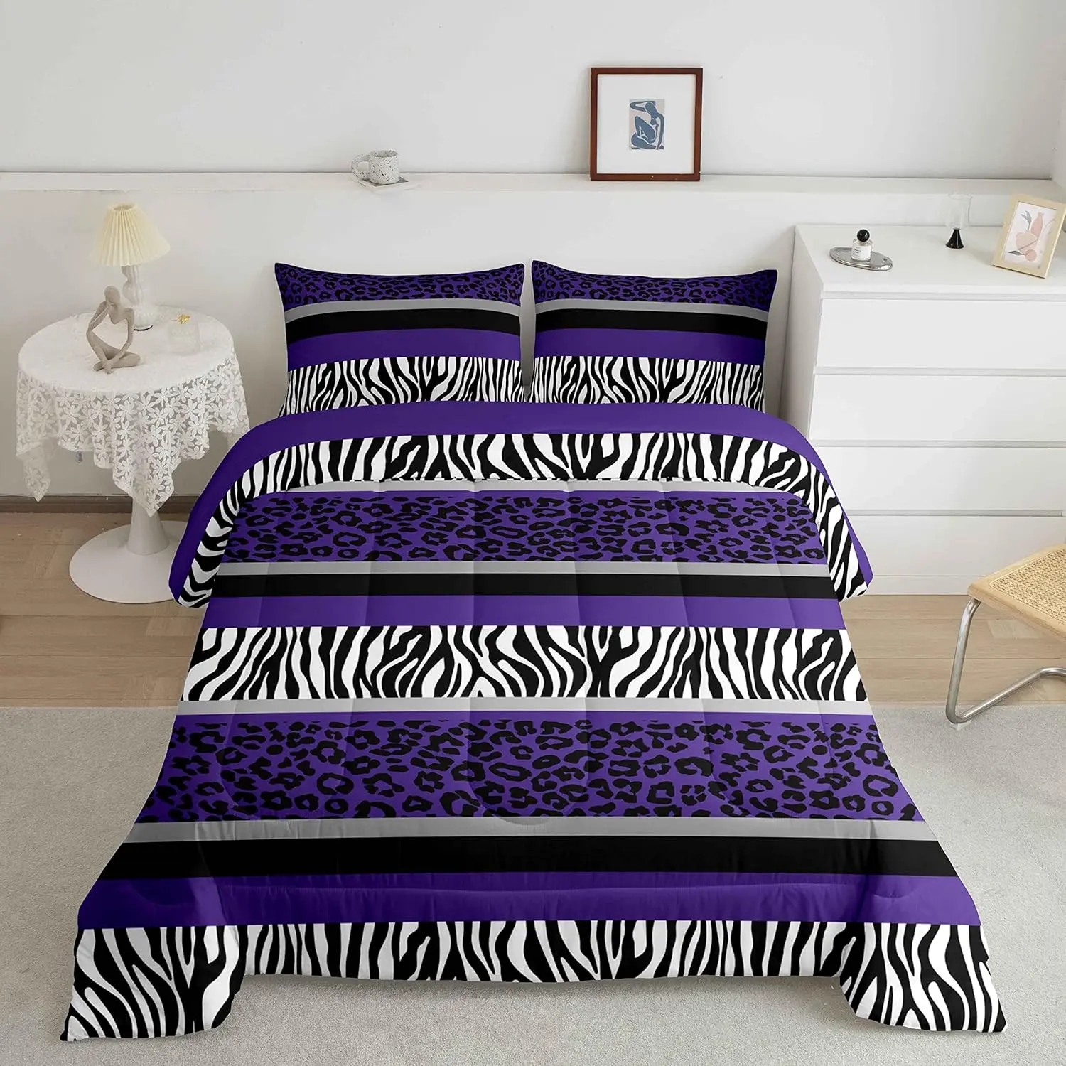 Queen Size Luxury Digital Printed Comfy Decorative Bedding Set - Leopard/Zebra Print Duvet Covers, Purple-Black-White Fur Quilt, Machine Washable Linens, Safari-Style Bedding Sets