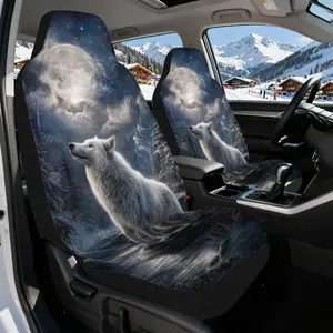 2pcs, Moonlit Forest Wolf Print Front Car Seats Covers, Soft and Foldable, Universal Fit for Driver and Passenger Seats, Ideal for Holiday Gift and Road Trip Comfort