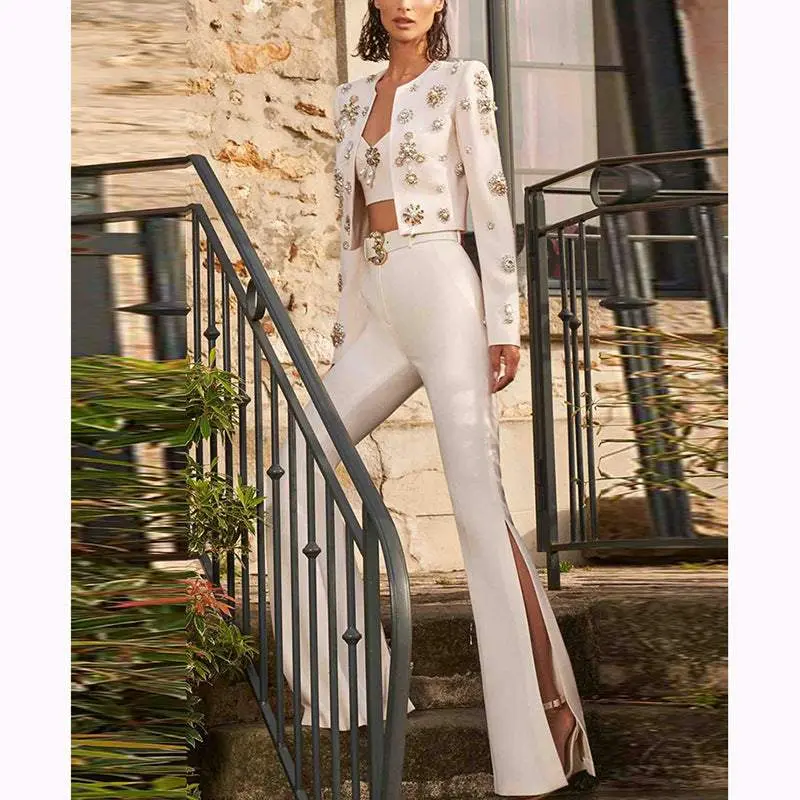 Industry Beads Short Jacket Split Flared Pants Blazer Suit Set