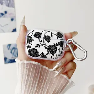 Black Rose Symphony Pattern TPU Soft Protective Case for Apple AirPods 4/3/2/1/Pro/Pro2 Transparent Earphone Cover with Keychain Attachment