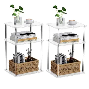 Clear Acrylic 3-Tier Side Table Set of 2 - Modern End Tables for Living Room Bedroom or Home Dcor
