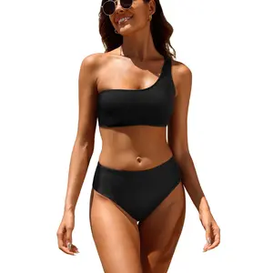 Tempt Me Women Two Piece Swimsuits Ribbed One Shoulder Bikini Sets Mid Waist Bathing Suit